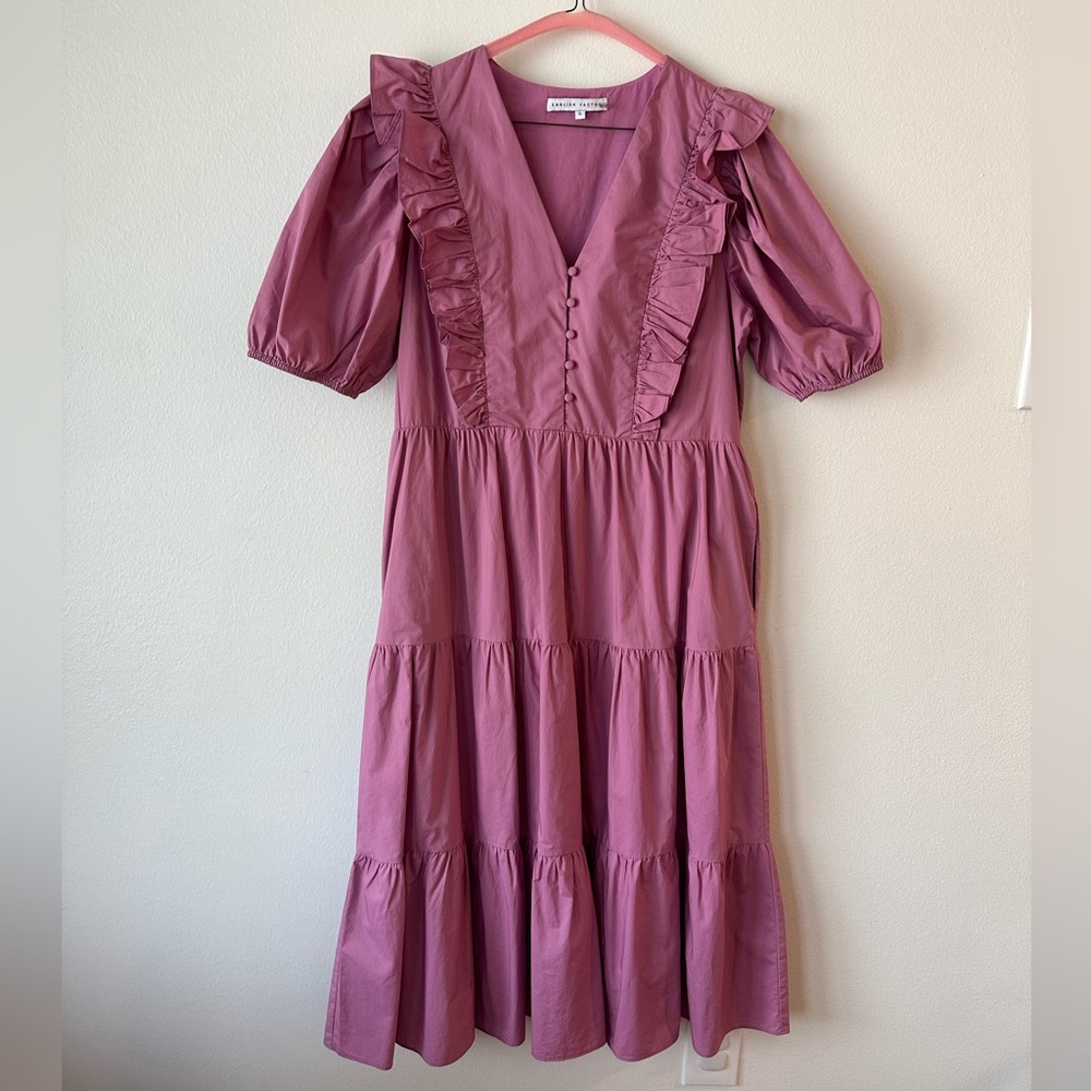 English Factory Midi Puff Sleeve Ruffle Front Dress (S)